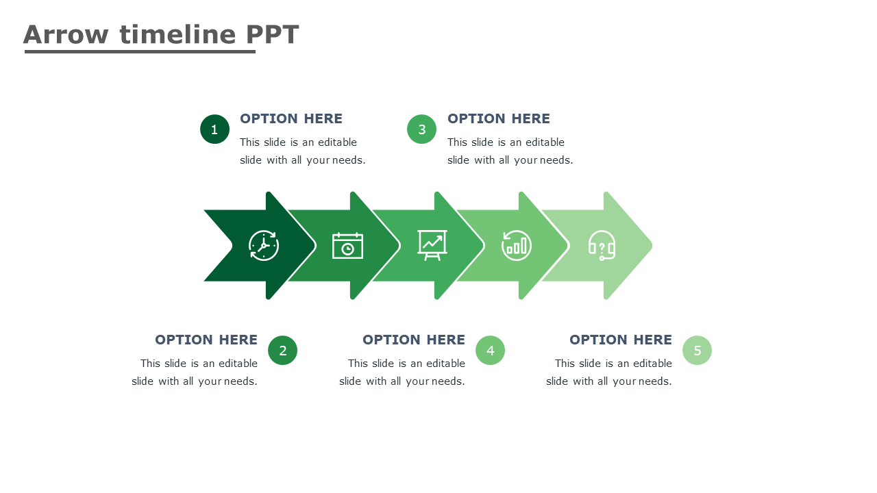 Free - Use Arrow Timeline PPT In Green Color Model Slide Template
